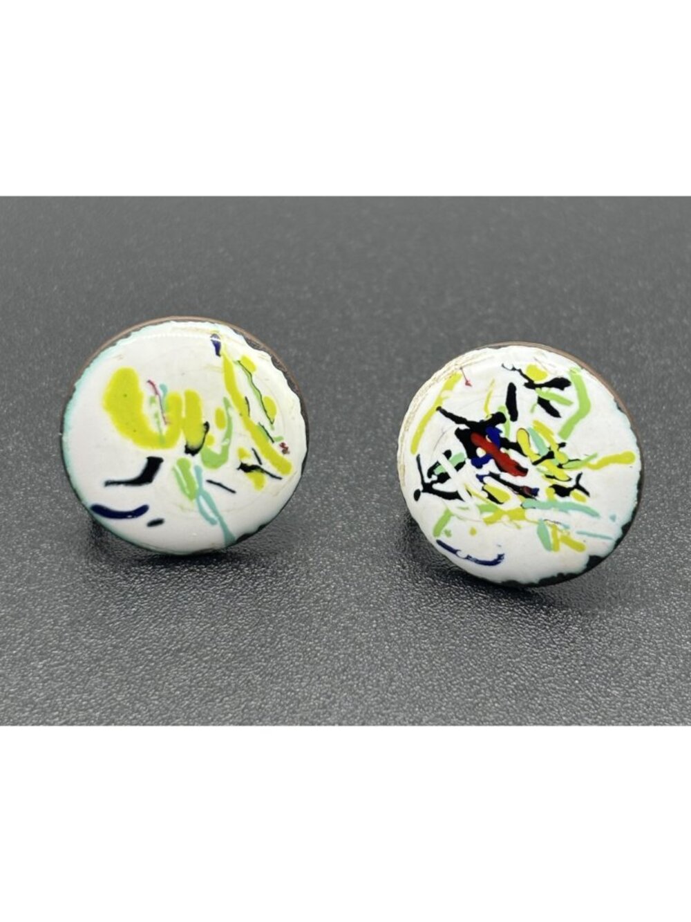 Vintage Enamel Copper Screw-Back Earrings Abstract Colorful Unsigned Mid-Century